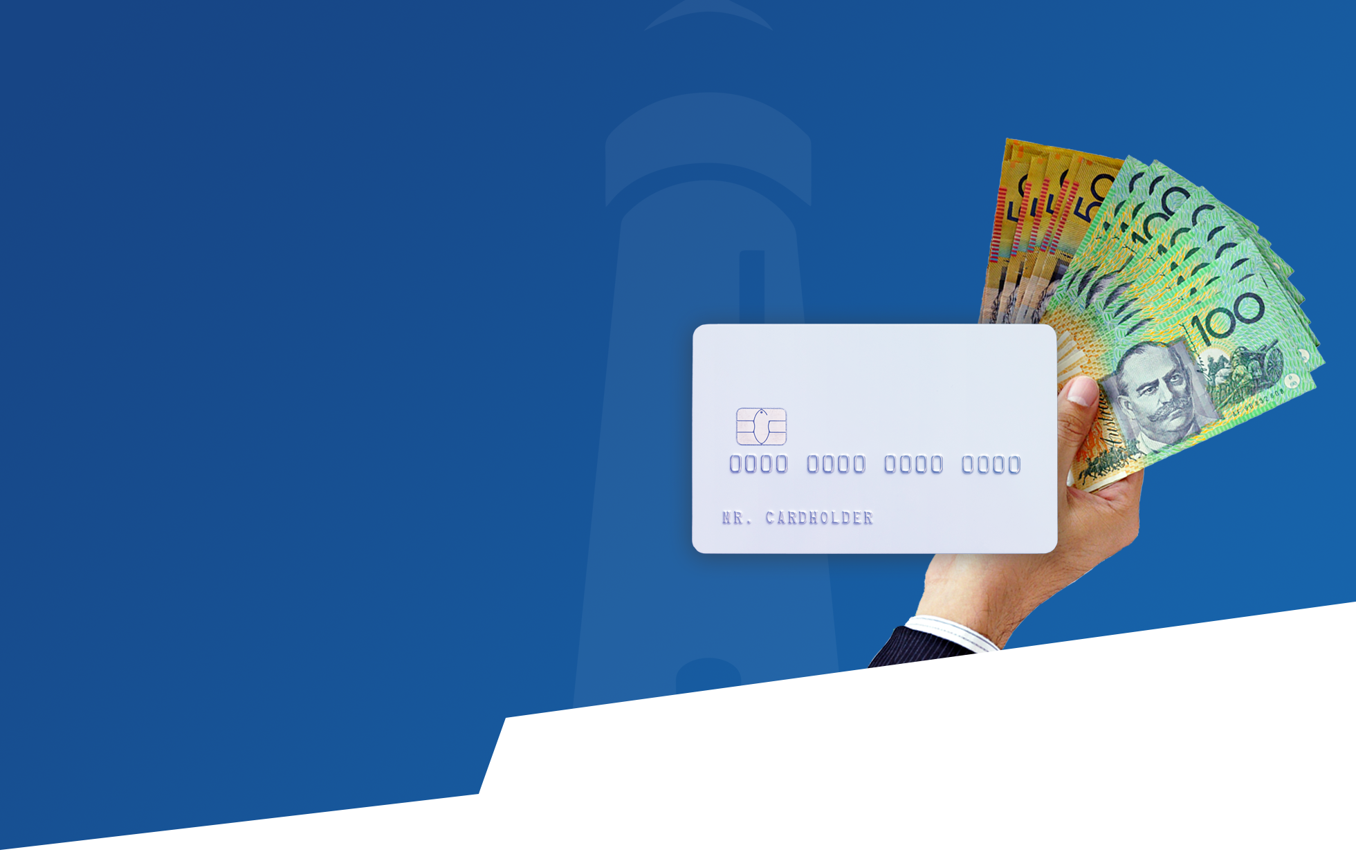 A hand holding Australian banknotes beside a credit card